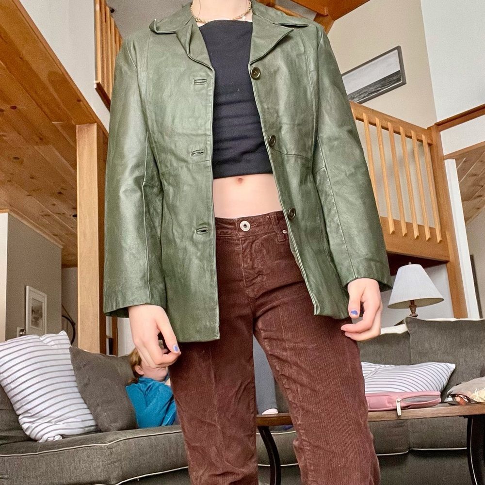 Green leather button jacket